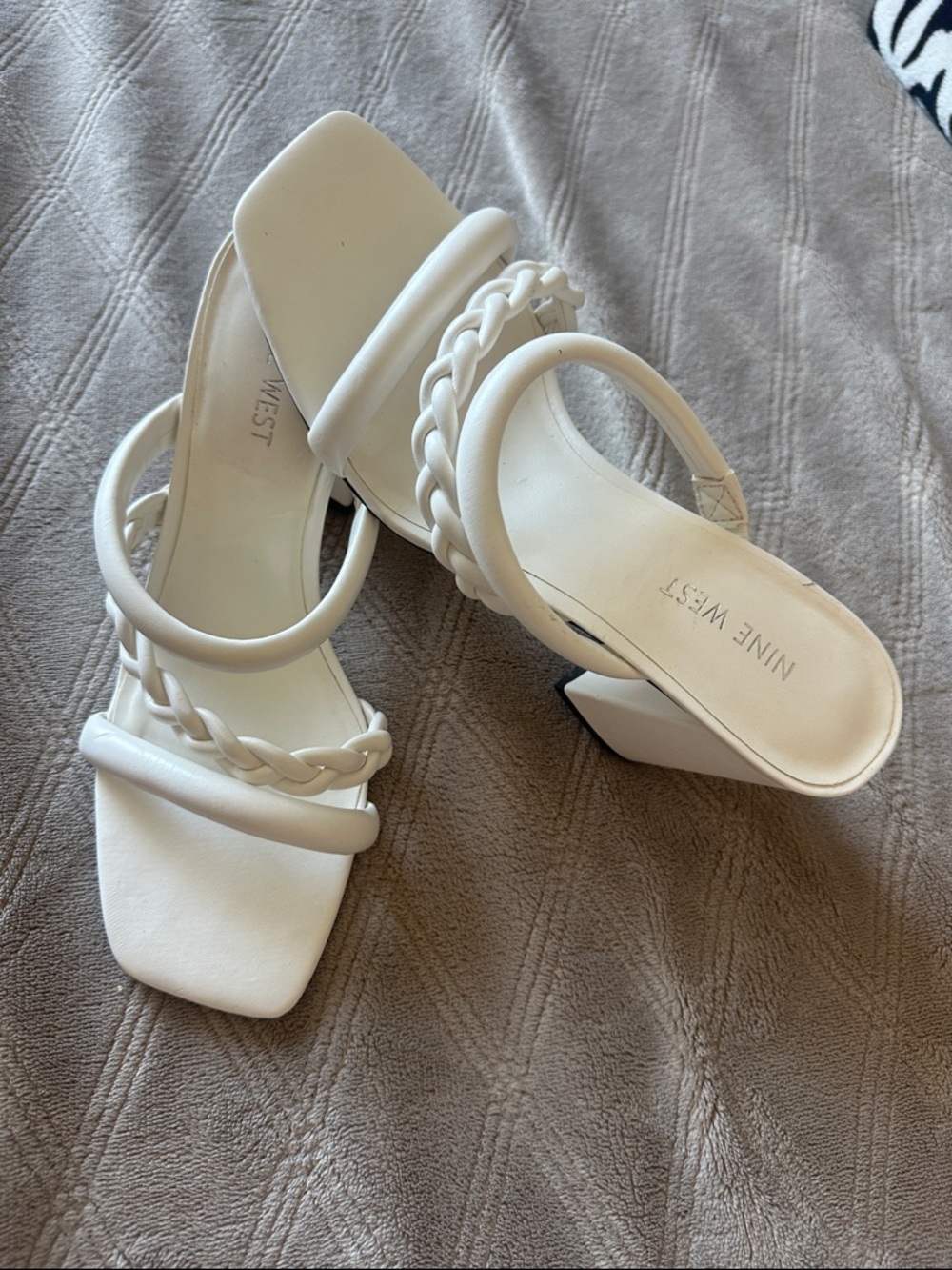 Nine West White Braided Strap Block Heel Mules